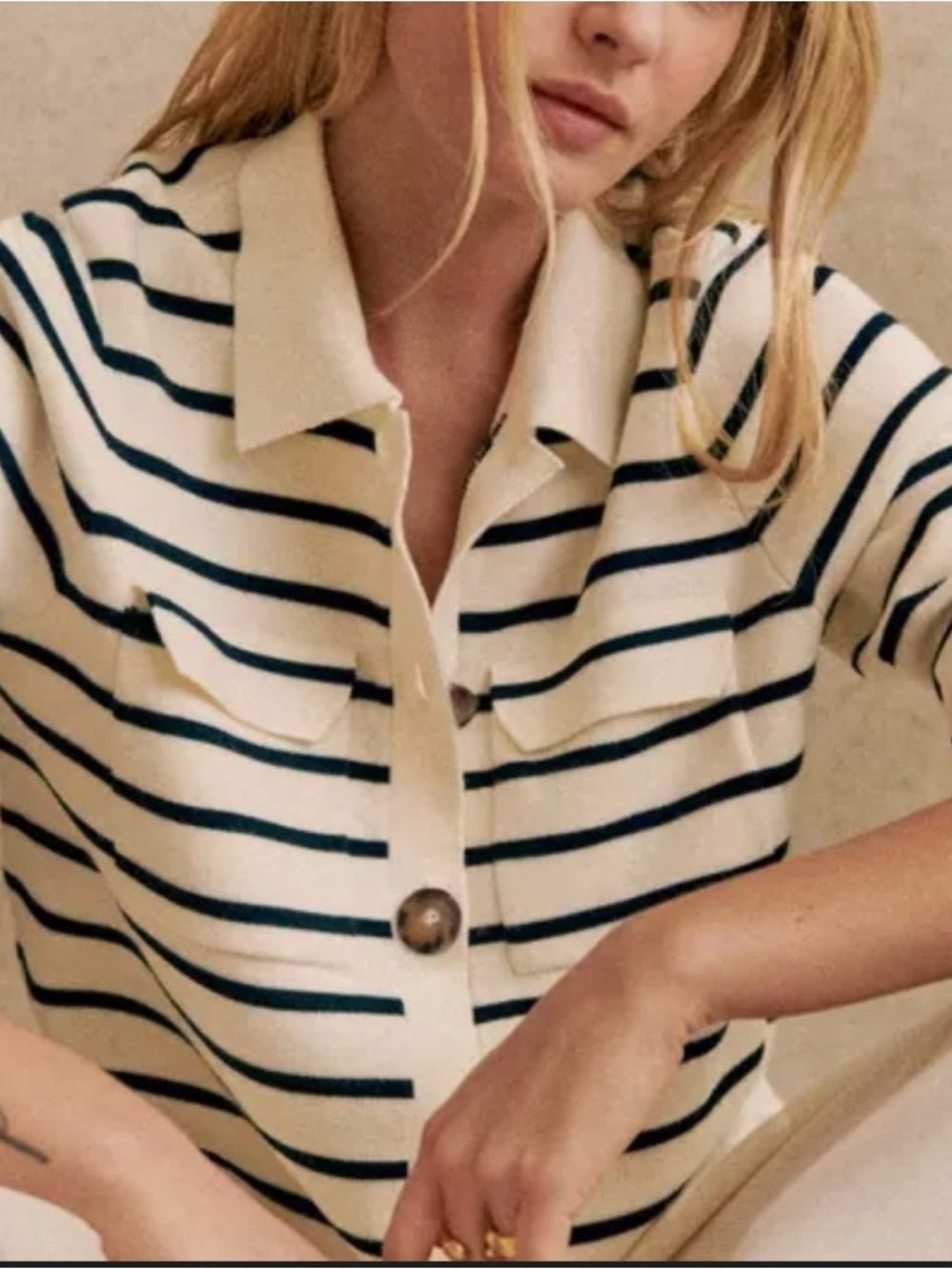 La Maille Sézane écru and black Striped Button-Up Knit Sweater Betty Cardigan - Picture 7 of 7